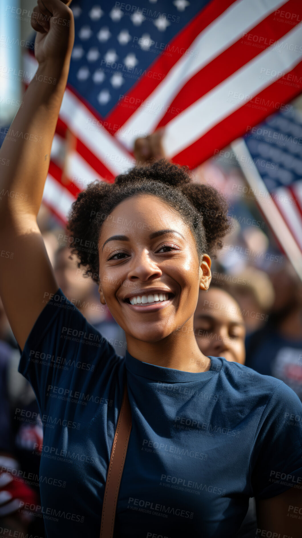 Buy stock photo Happy african american protester raising fist. Human rights. Activism concept.