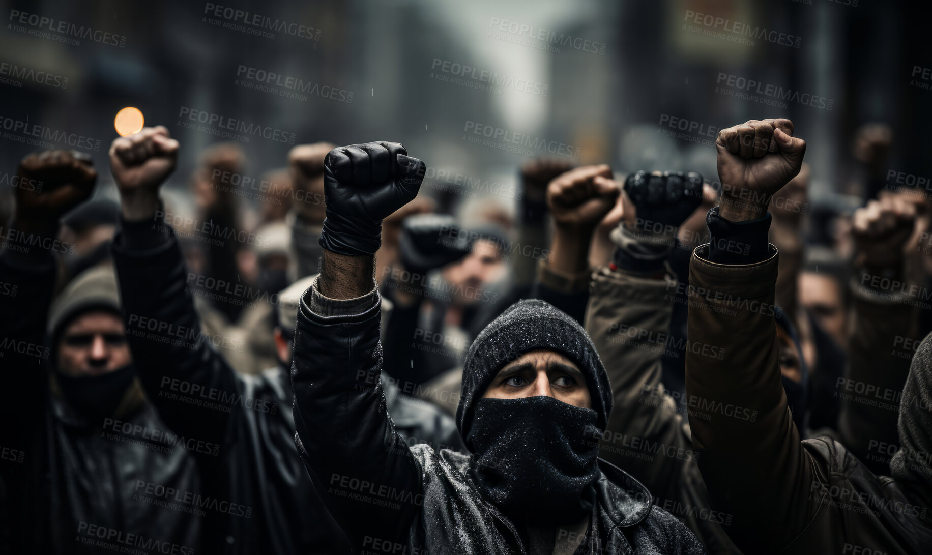 Buy stock photo Protesters raising fists in city. Human rights, Activism concept.