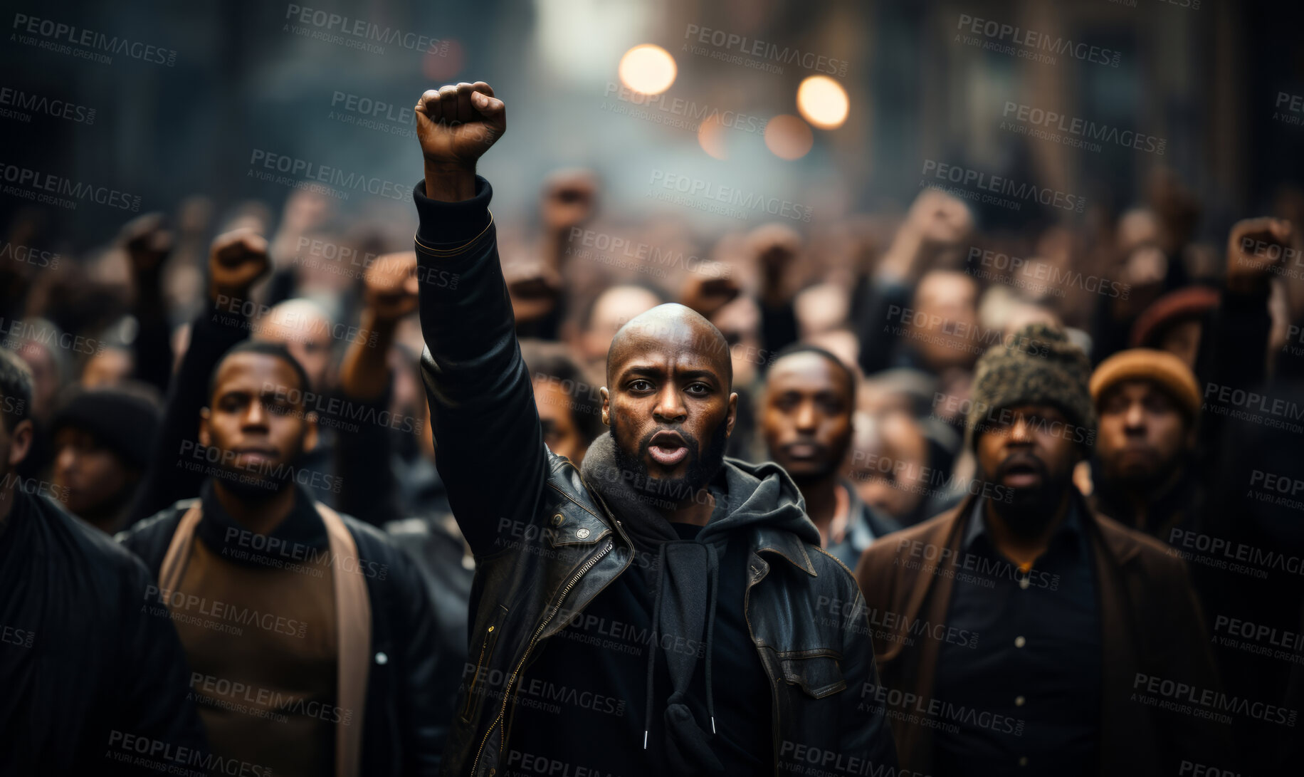 Buy stock photo Protesters raising fists in city. Human rights, Activism concept.