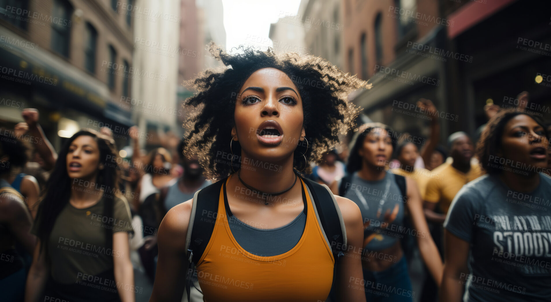Buy stock photo Woman protester marching, leading crowd. Human rights. Activism concept.