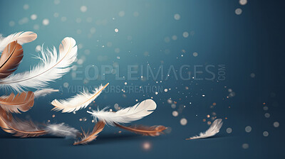 Buy stock photo Feathers falling on dark background. Bokeh banner with copyspace