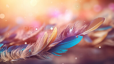 Buy stock photo Feathers falling on dark background. Bokeh banner with copyspace