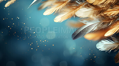 Buy stock photo Feathers falling on dark background. Bokeh banner with copyspace