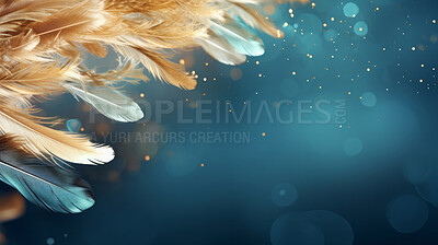 Feathers falling on dark background. Bokeh banner with copyspace