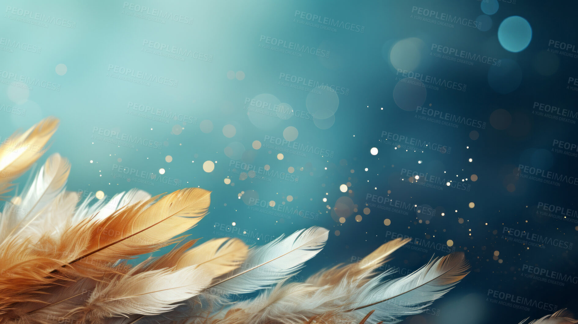 Buy stock photo Feathers falling on dark background. Bokeh banner with copyspace