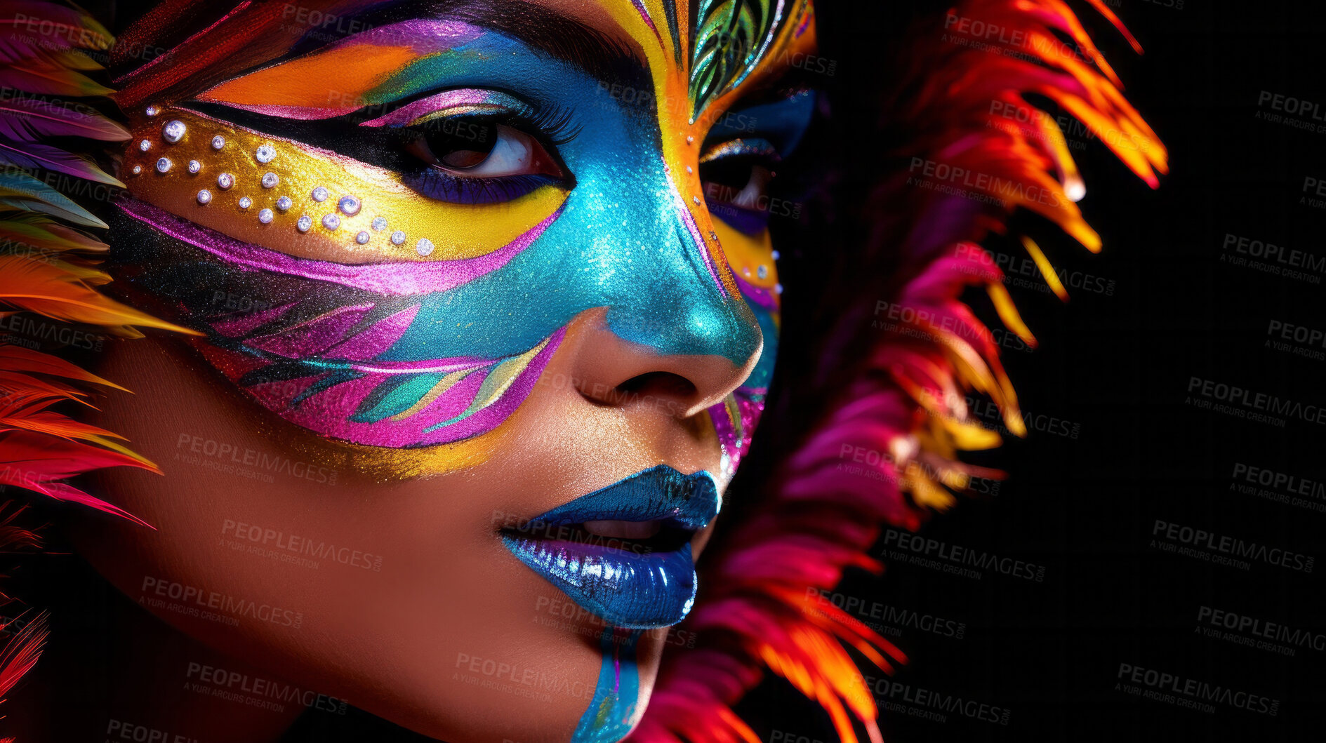 Buy stock photo Closeup colorful makeup or face paint and feathers on model. Creative art background