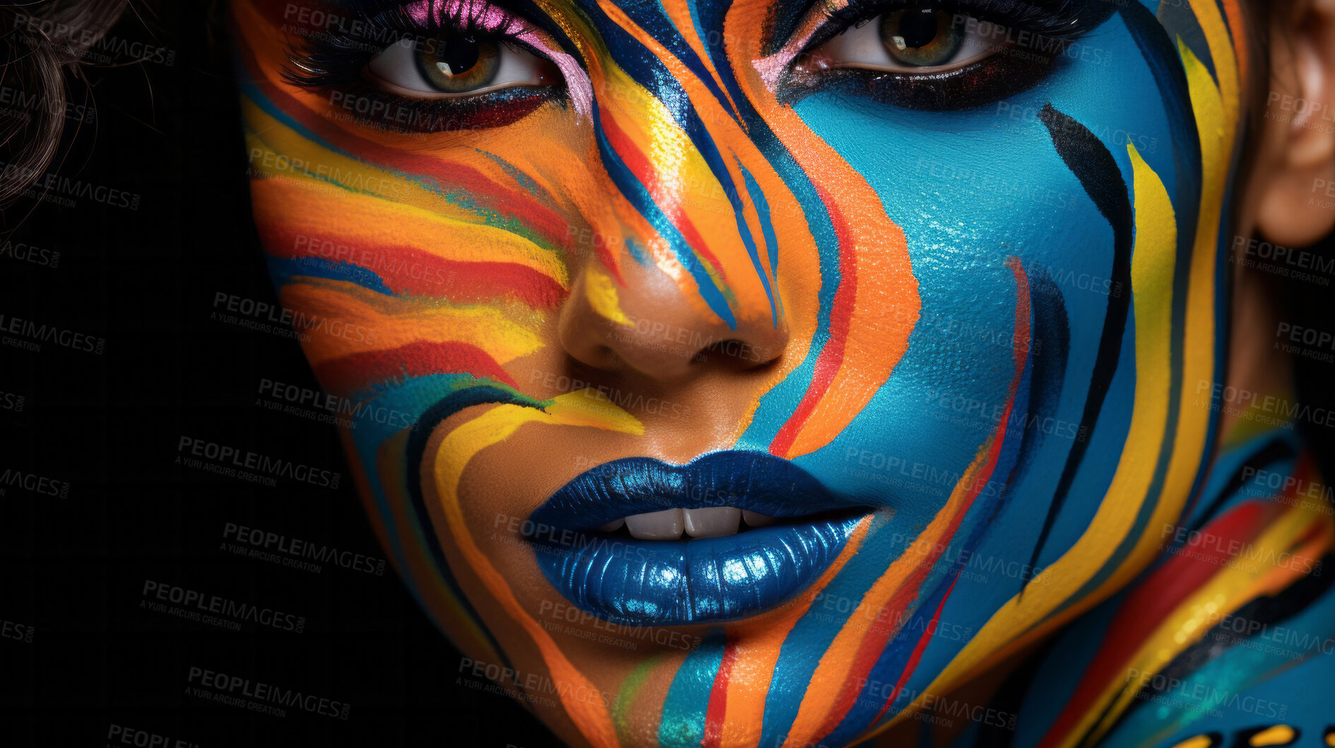 Buy stock photo Closeup colorful makeup or face paint and feathers on model. Creative art background