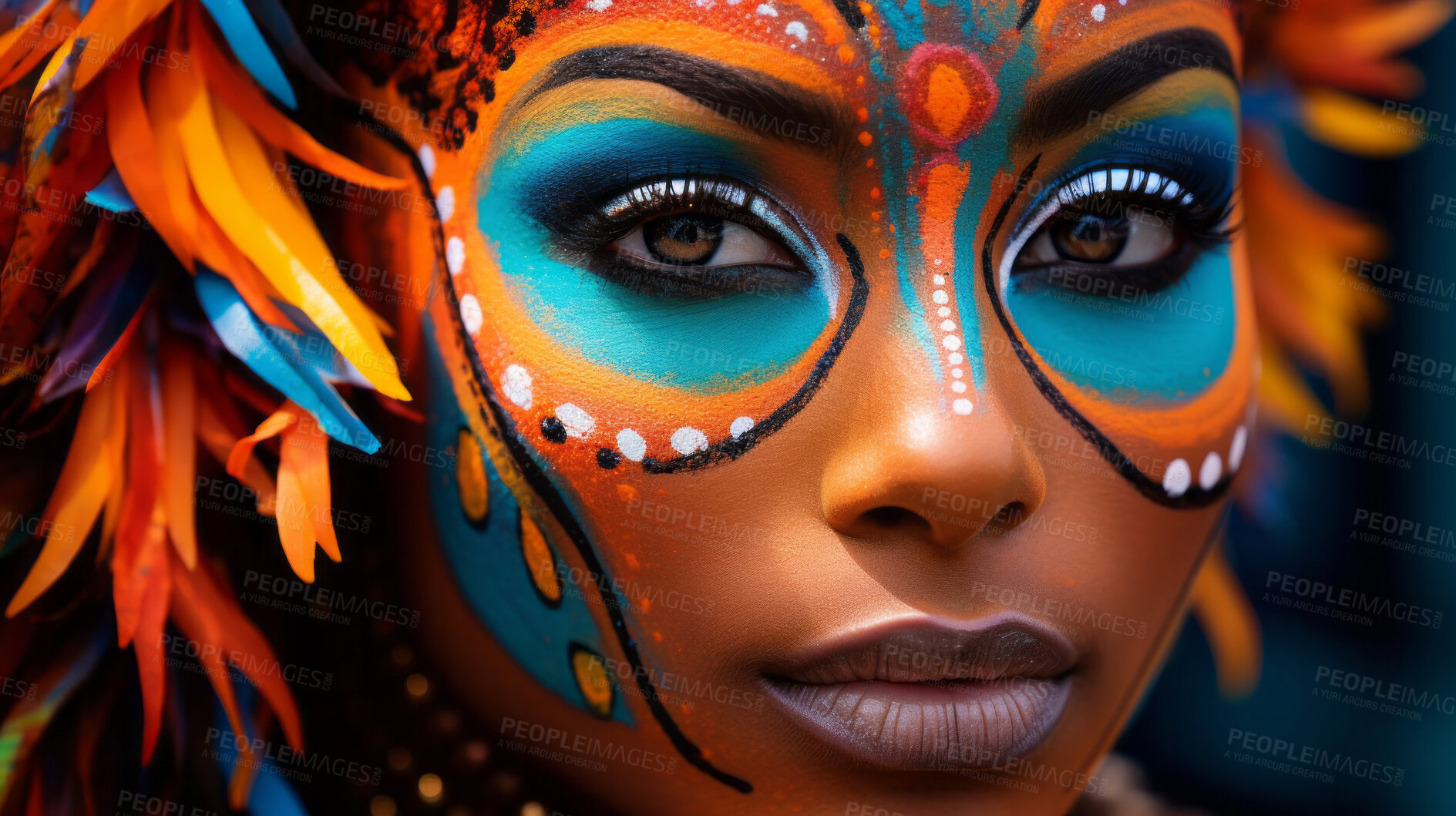 Buy stock photo Closeup colorful makeup or face paint and feathers on model. Creative art background