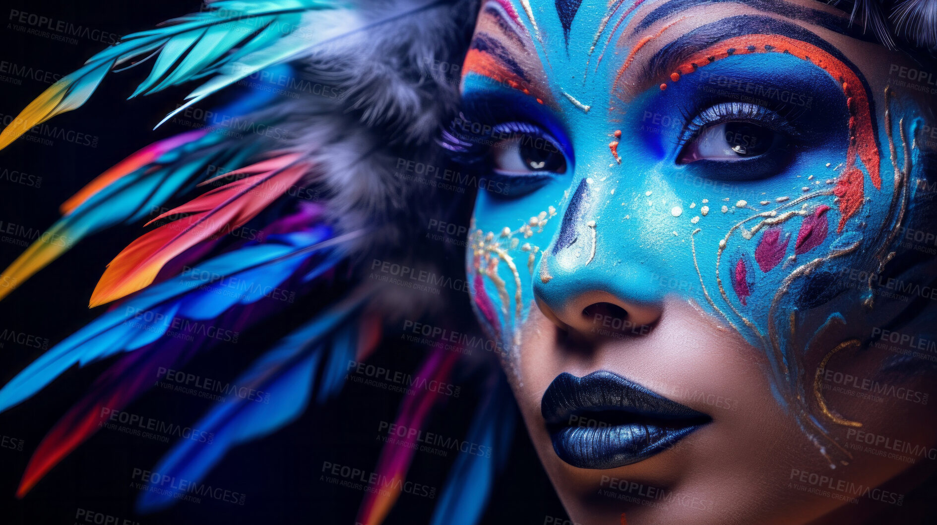 Buy stock photo Closeup colorful makeup or face paint and feathers on model. Creative art background