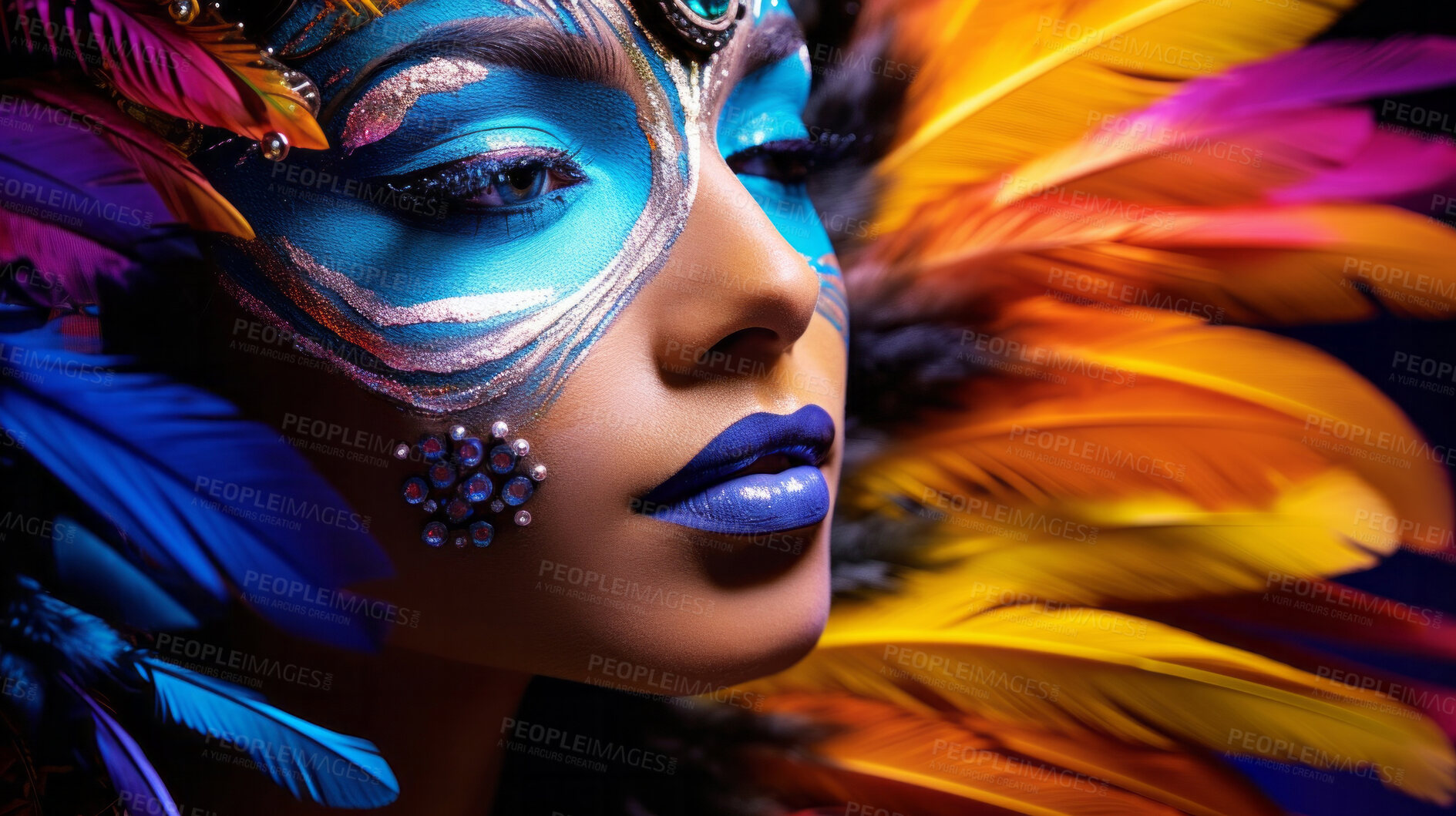 Buy stock photo Closeup colorful makeup or face paint and feathers on model. Creative art background