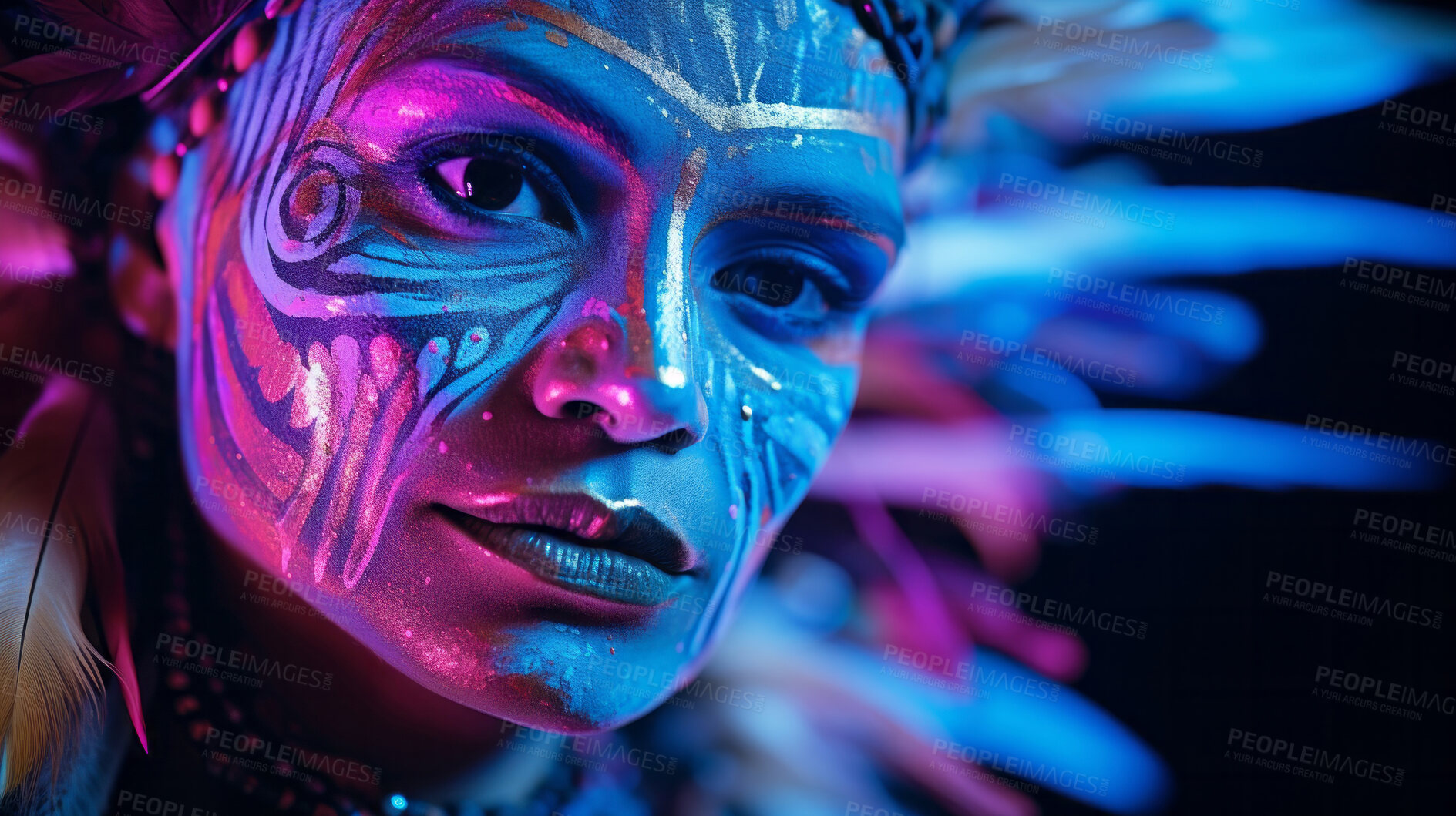 Buy stock photo Closeup colorful makeup or face paint and feathers on model. Creative art background