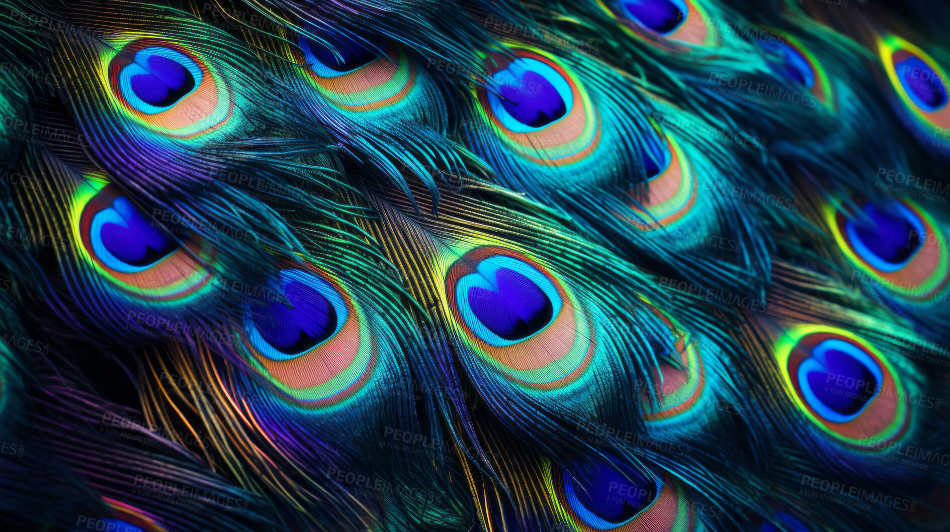 Buy stock photo Closeup peacock feathers creative banner. Abstract art texture detail background