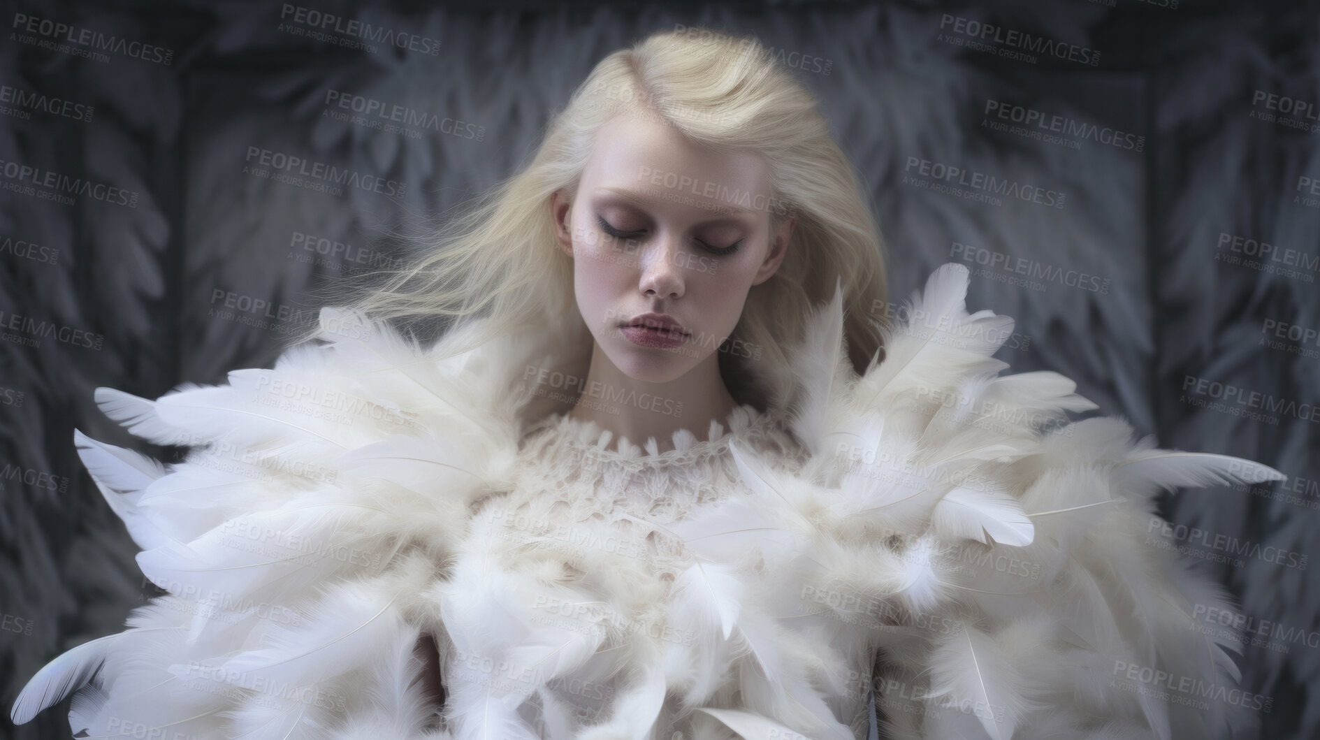 Buy stock photo Woman in white feather dress. Creative art and fashion concept