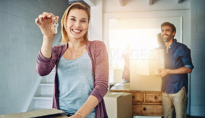 Buy stock photo Portrait of a couple moving into their new home