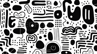 Black and white abstract art doodle shape seamless pattern. Creative shapes background.