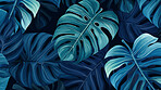 Blue tropical summer plant leaf seamless pattern. Monstera leaves background illustration.