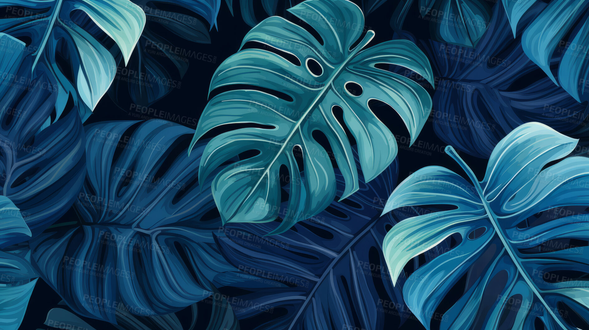 Buy stock photo Blue tropical summer plant leaf seamless pattern. Monstera leaves background illustration.