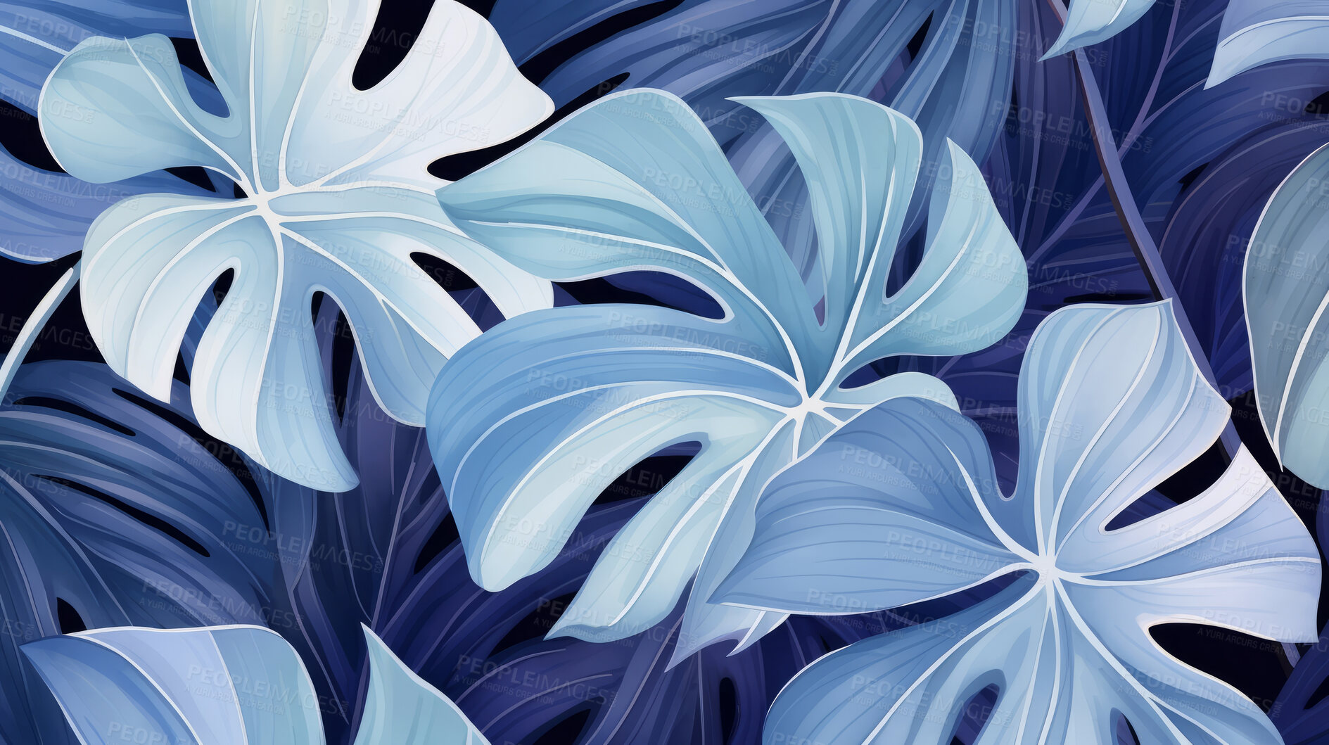 Buy stock photo Blue tropical summer plant leaf seamless pattern. Monstera leaves background illustration.