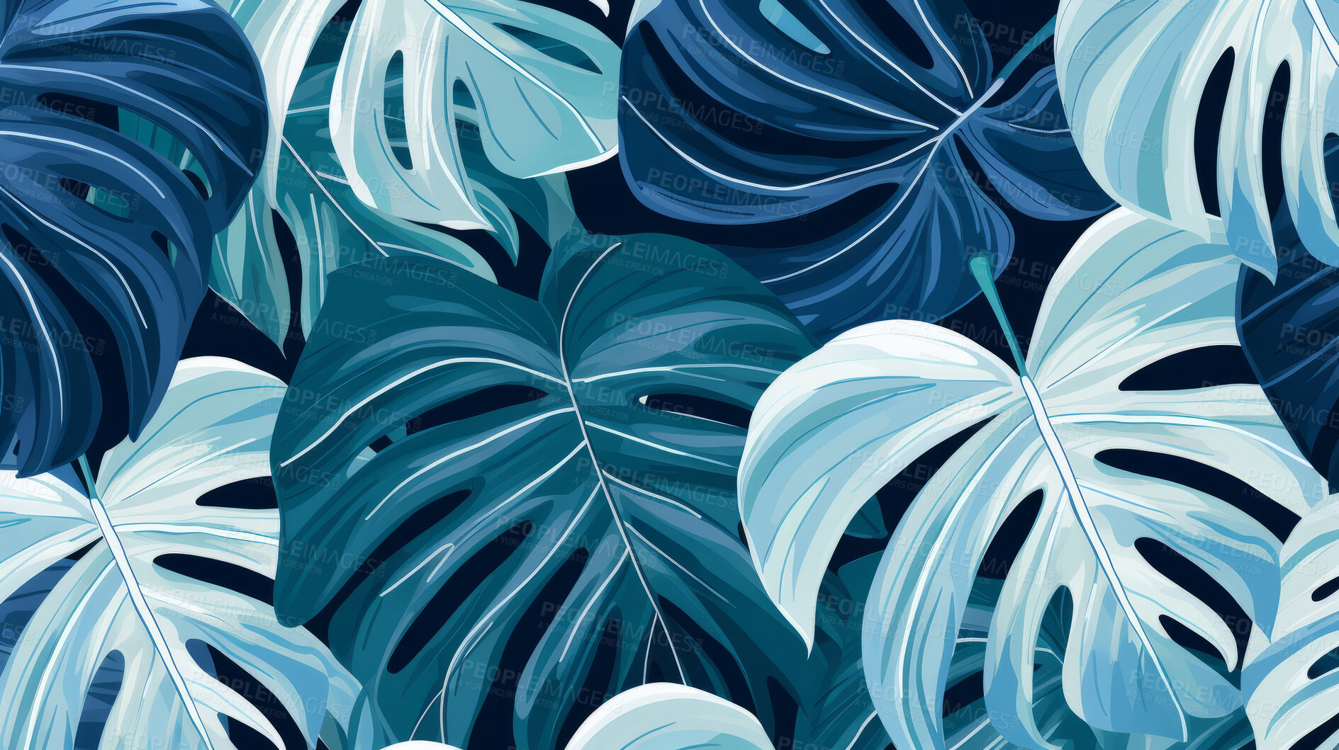Buy stock photo Blue tropical summer plant leaf seamless pattern. Monstera leaves background illustration.