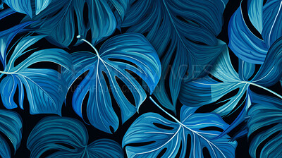 Blue tropical summer plant leaf seamless pattern. Monstera leaves background illustration.