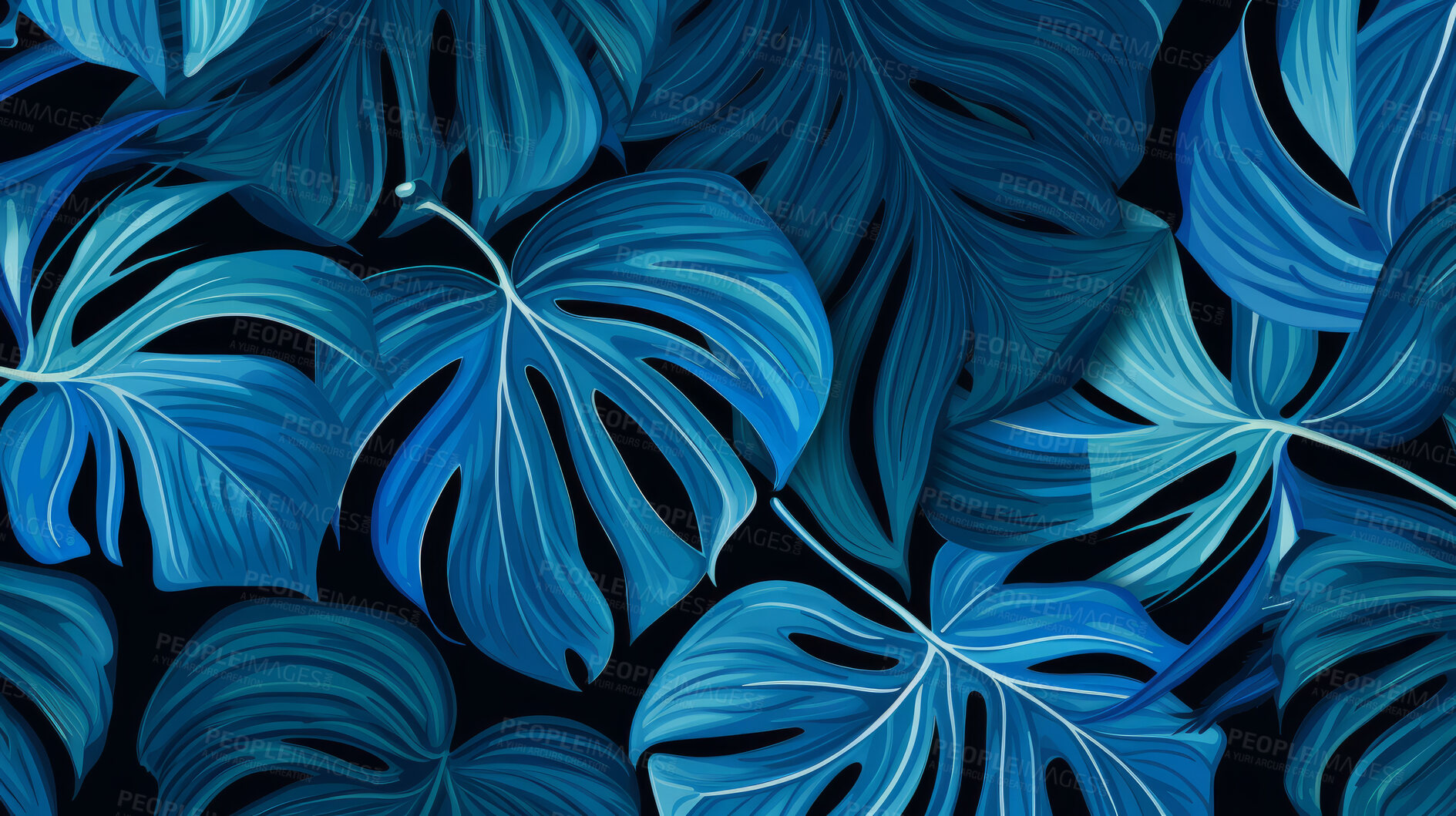 Buy stock photo Blue tropical summer plant leaf seamless pattern. Monstera leaves background illustration.