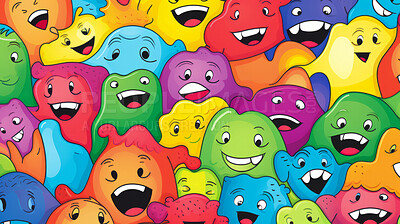 Diverse friendly colorful monster cartoon character seamless pattern illustration.