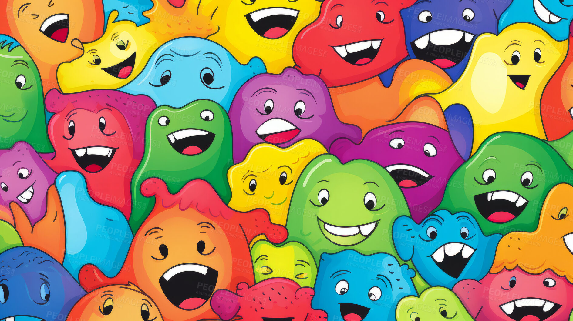 Buy stock photo Diverse friendly colorful monster cartoon character seamless pattern illustration.