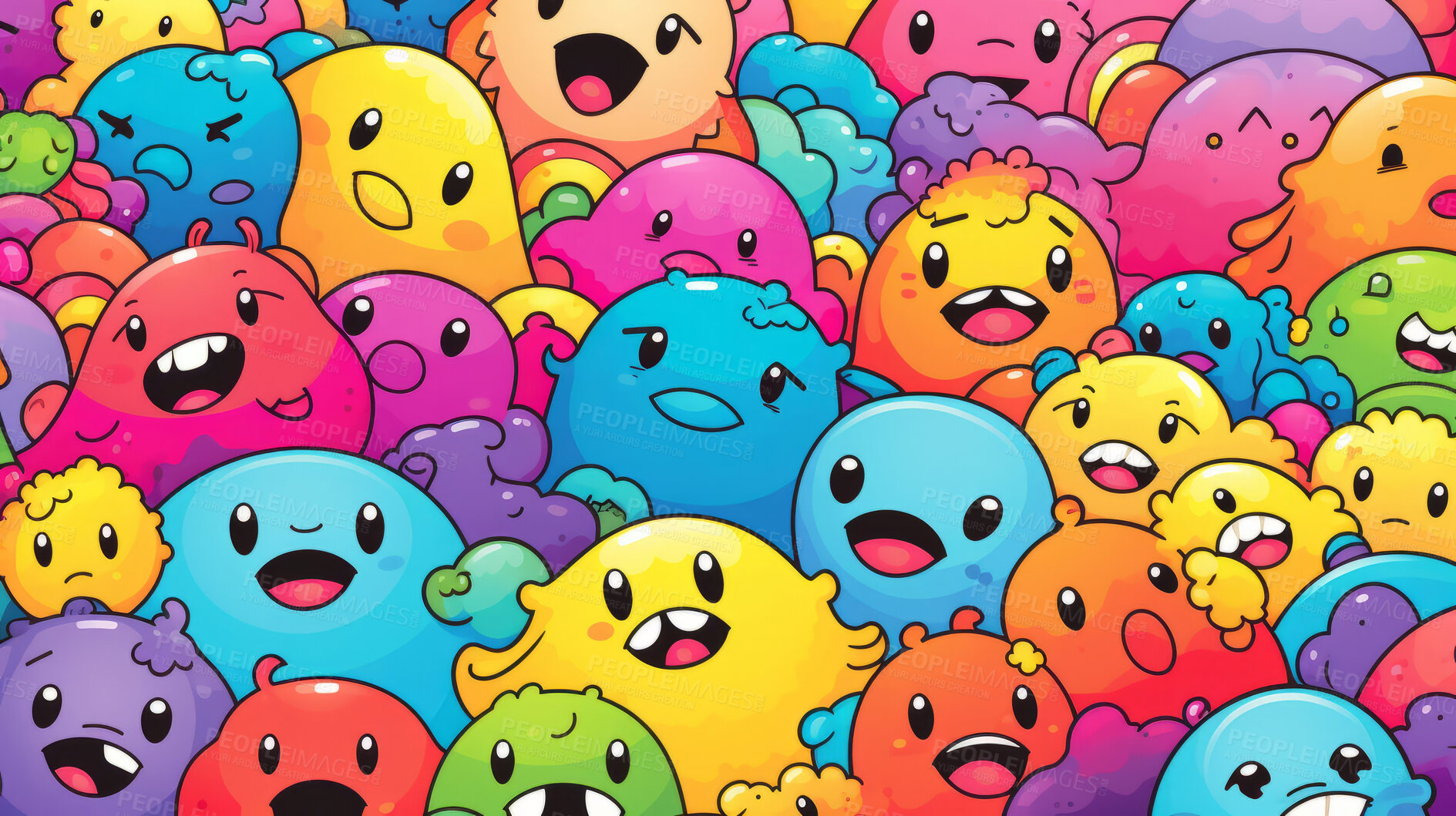 Buy stock photo Diverse friendly colorful monster cartoon character seamless pattern illustration.