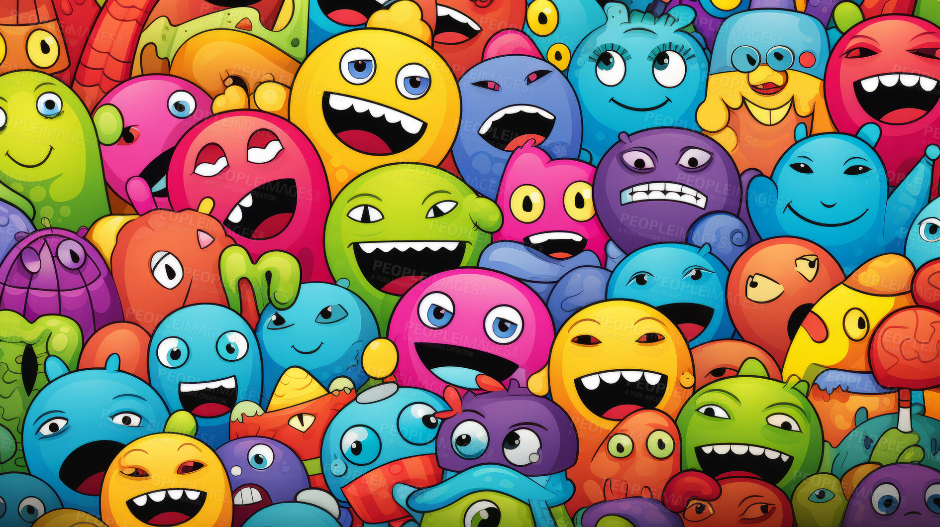 Buy stock photo Diverse friendly colorful monster cartoon character seamless pattern illustration.