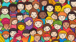 Diverse colorful people crowd seamless illustration. Cartoon characters friendly community