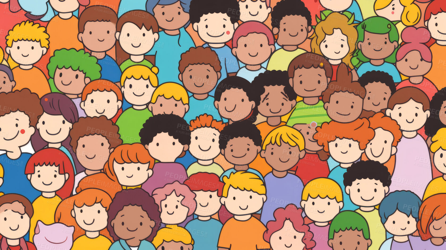 Buy stock photo Diverse colorful people crowd seamless illustration. Cartoon characters friendly community