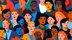 Diverse colorful people crowd seamless illustration. Cartoon characters friendly community