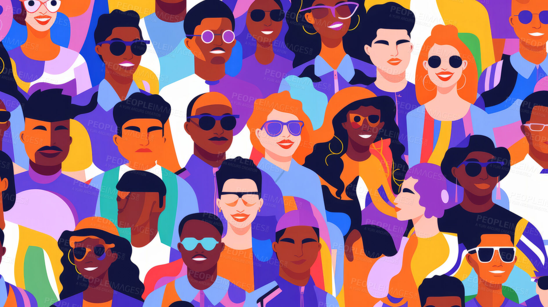 Buy stock photo Diverse colorful people crowd seamless illustration. Cartoon characters friendly community
