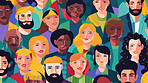 Diverse colorful people crowd seamless illustration. Cartoon characters friendly community