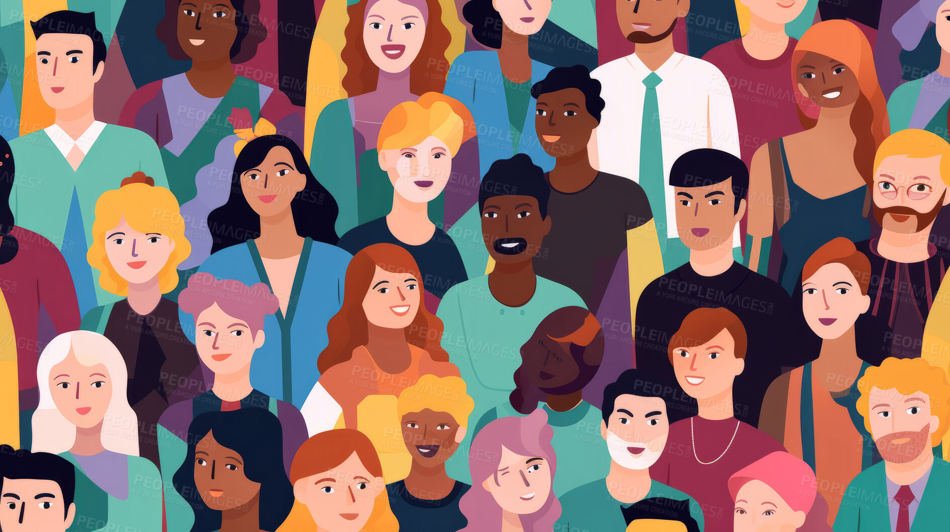 Buy stock photo Diverse colorful people crowd seamless illustration. Cartoon characters friendly community