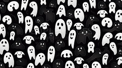 Black and white ghost art doodle shapes seamless pattern. Creative shapes background.