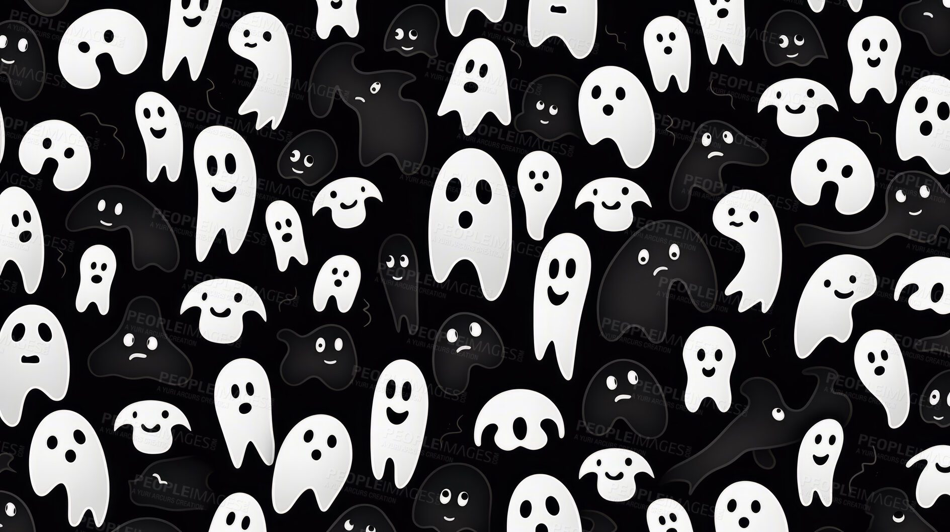 Buy stock photo Black and white ghost art doodle shapes seamless pattern. Creative shapes background.