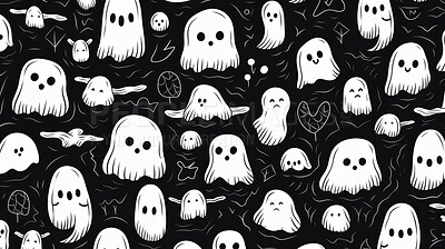 Black and white ghost art doodle shapes seamless pattern. Creative shapes background.