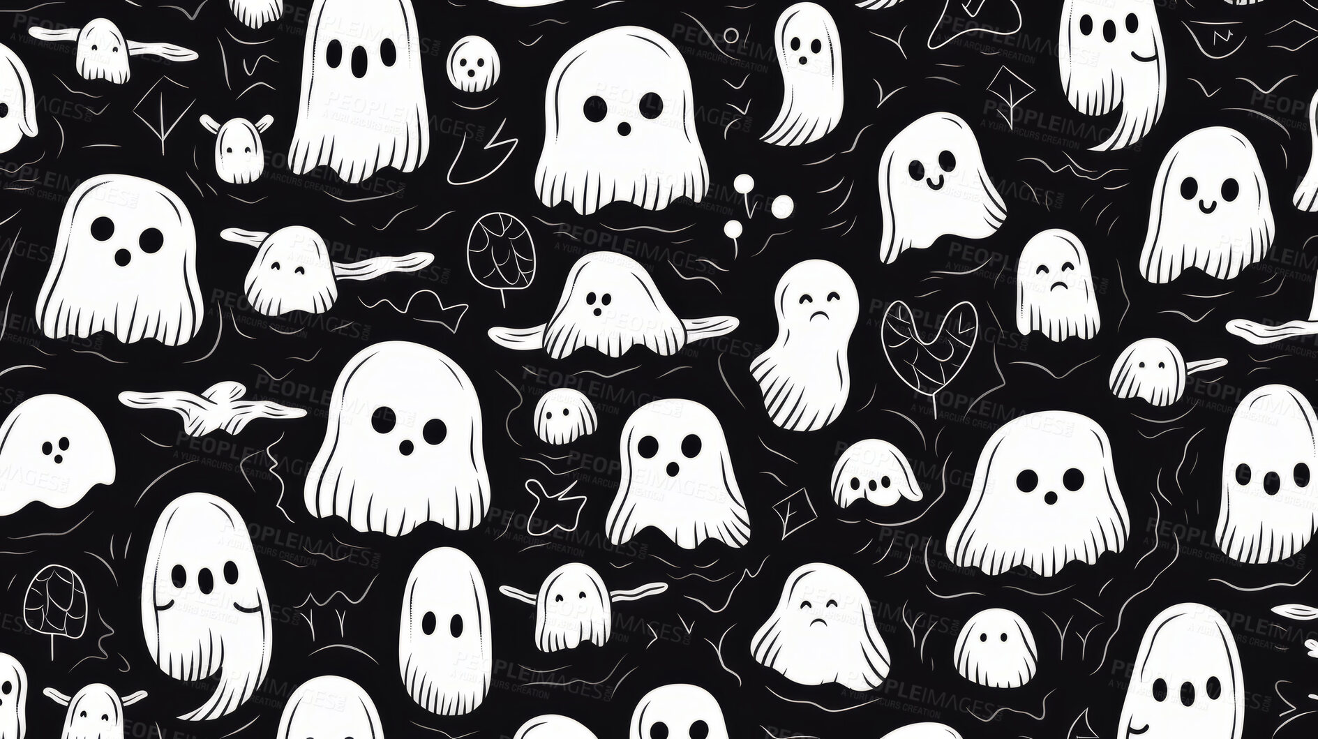 Buy stock photo Black and white ghost art doodle shapes seamless pattern. Creative shapes background.