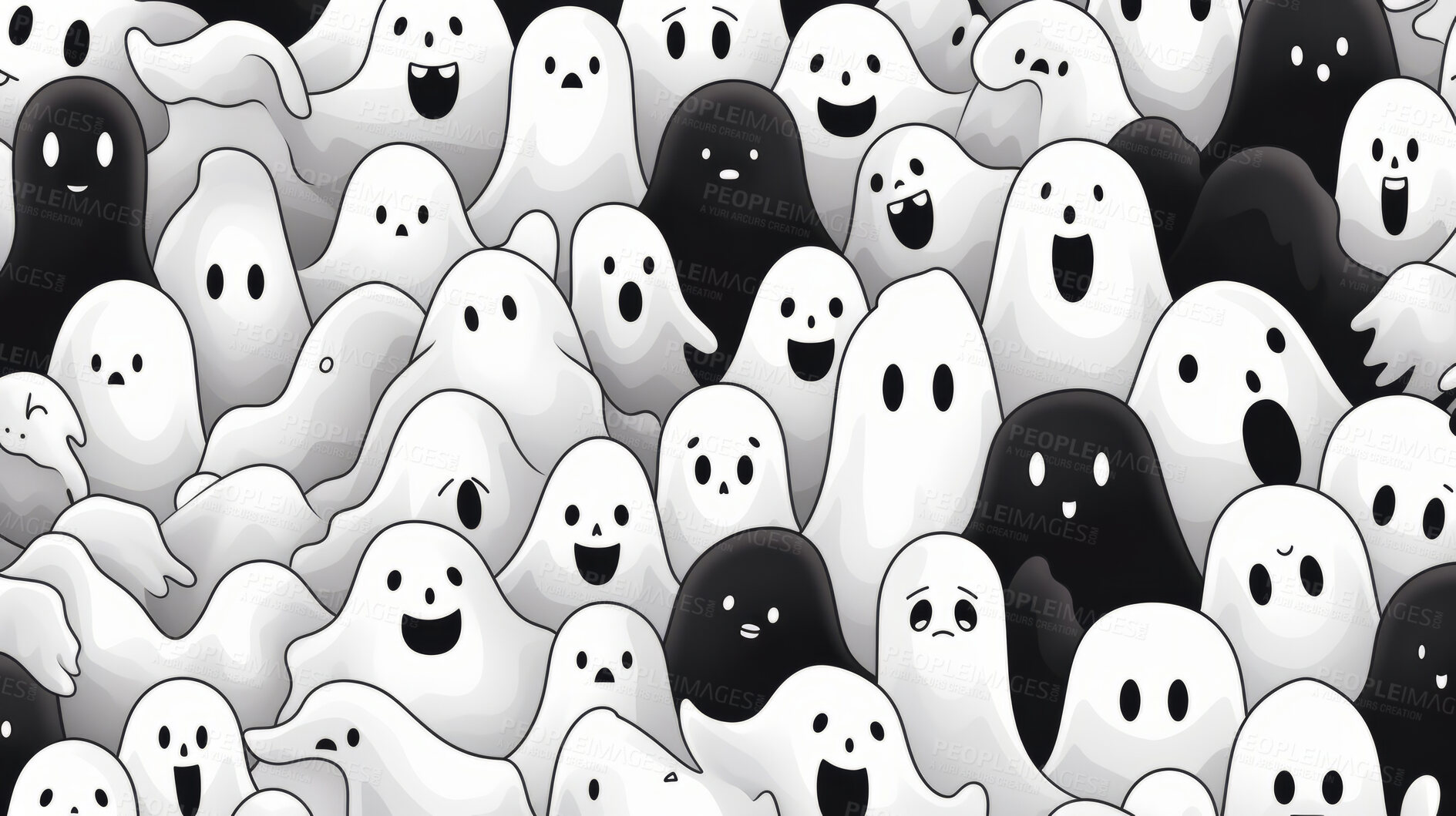 Buy stock photo Black and white ghost art doodle shapes seamless pattern. Creative shapes background.