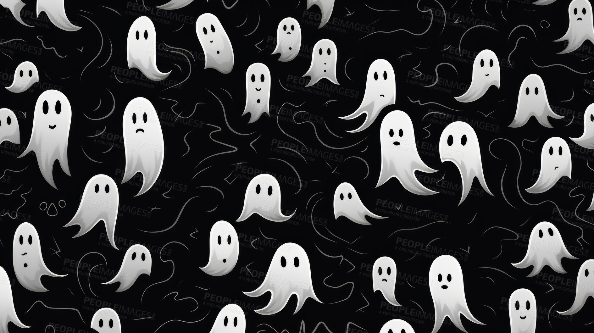 Buy stock photo Black and white ghost art doodle shapes seamless pattern. Creative shapes background.