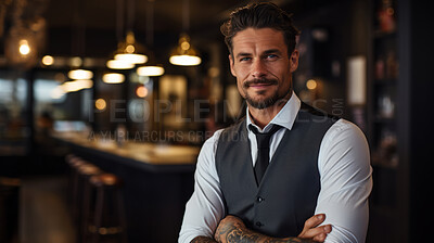 Professional man posing in restaurant. Tattooed arms. Alternative lifestyle concept.