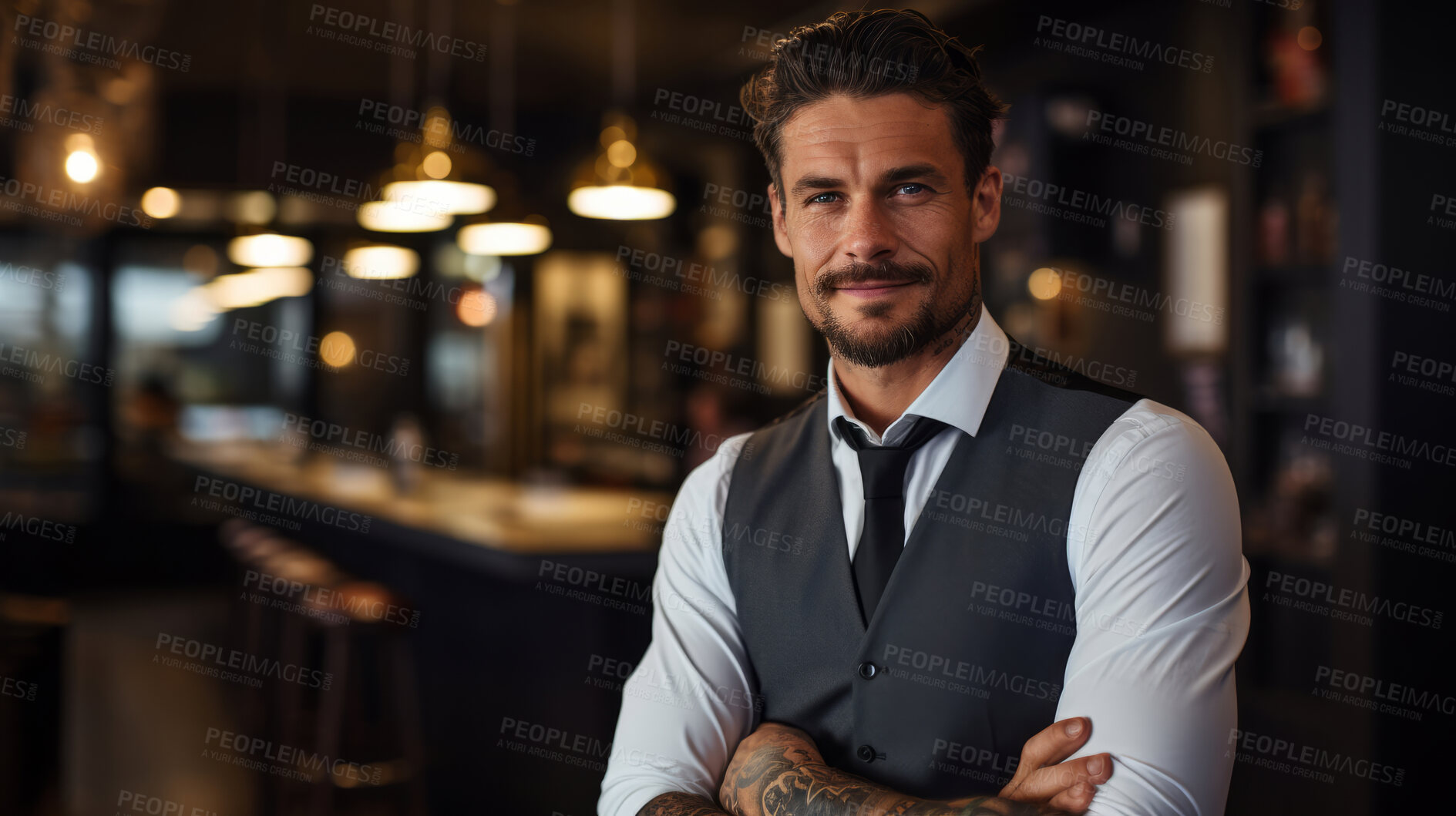 Buy stock photo Professional man posing in restaurant. Tattooed arms. Alternative lifestyle concept.