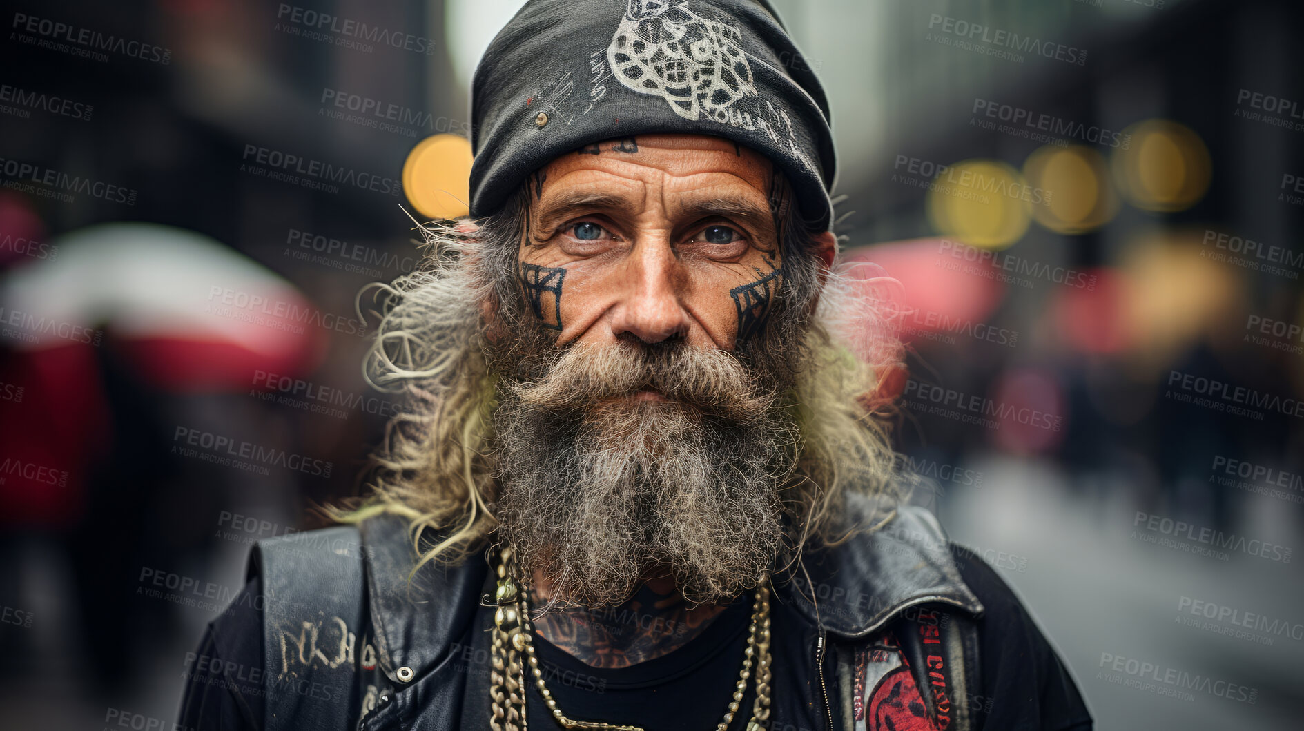 Buy stock photo Portrait of senior, tattooed man in street. Alternative lifestyle concept.