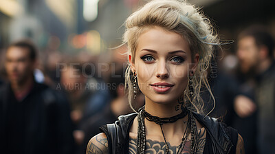 Portrait of attractive, smiling tattooed model in street. Alternative lifestyle concept.