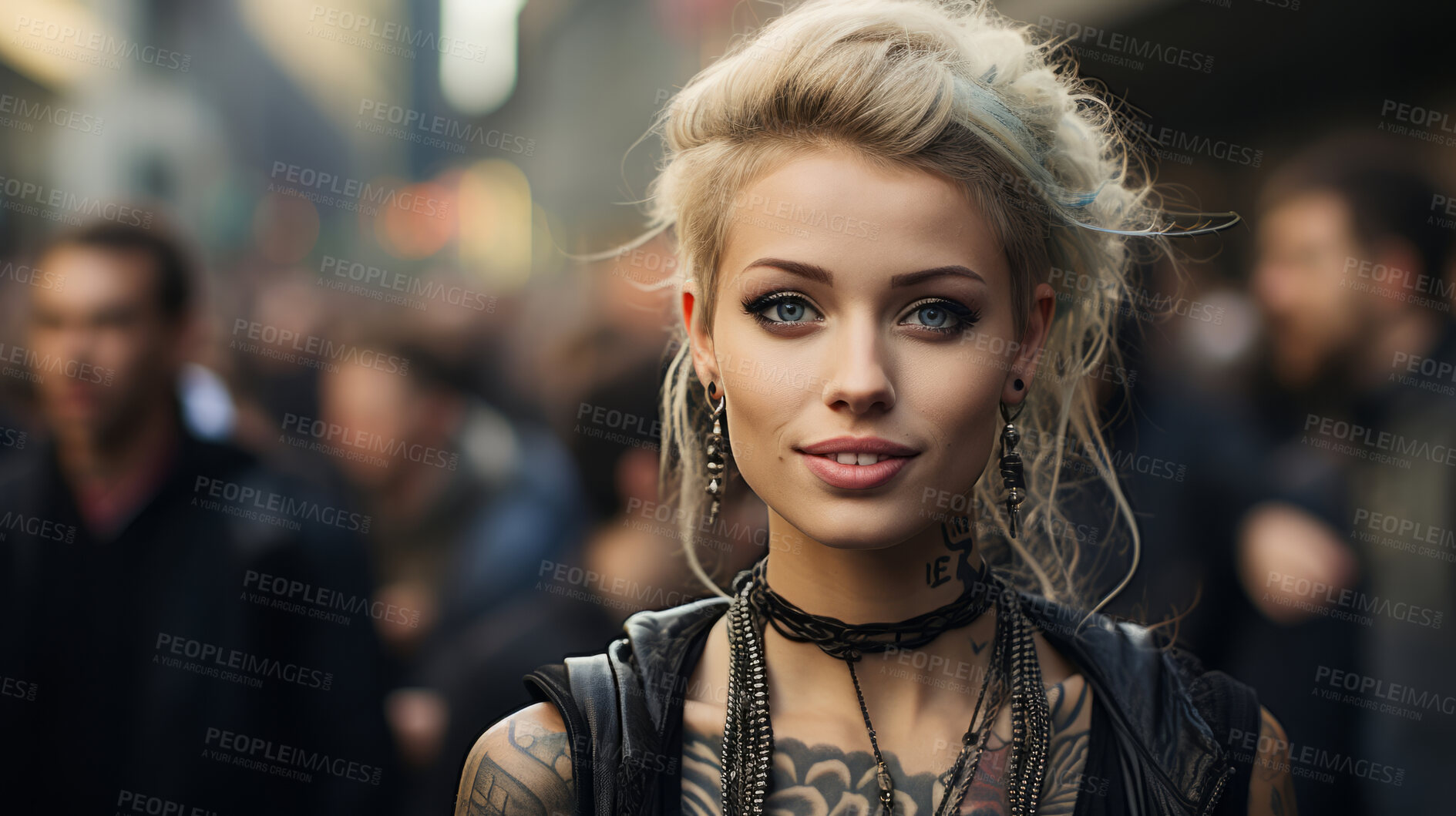 Buy stock photo Portrait of attractive, smiling tattooed model in street. Alternative lifestyle concept.