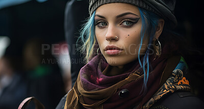 Portrait of attractive tattooed model in street. Alternative lifestyle concept.