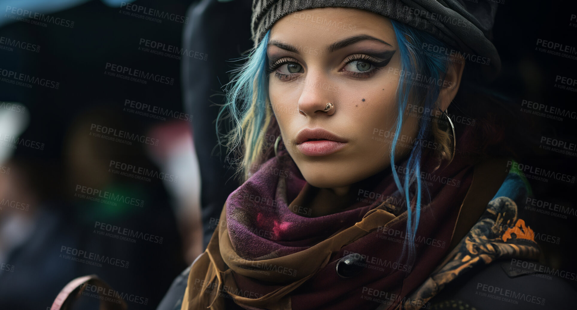 Buy stock photo Portrait of attractive tattooed model in street. Alternative lifestyle concept.