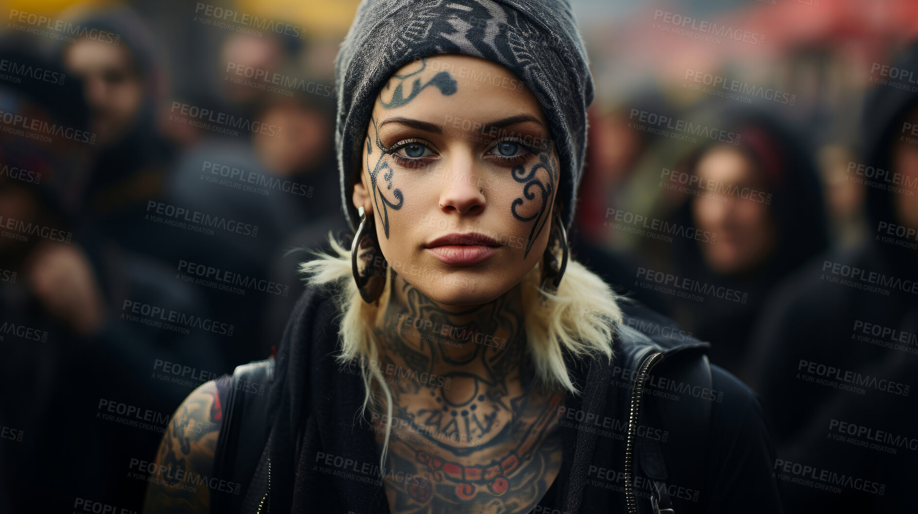 Buy stock photo Portrait of attractive tattooed model in street. Alternative lifestyle concept.