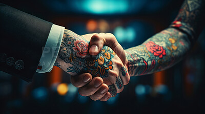 Tattooed arm hand shakes with business man. Alternative business concept.